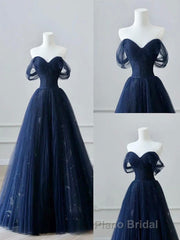A-Line Off Shoulder Tulle Lace Dark Blue Long Formal Prom Dresses, Dark Blue Long Evening Dresses