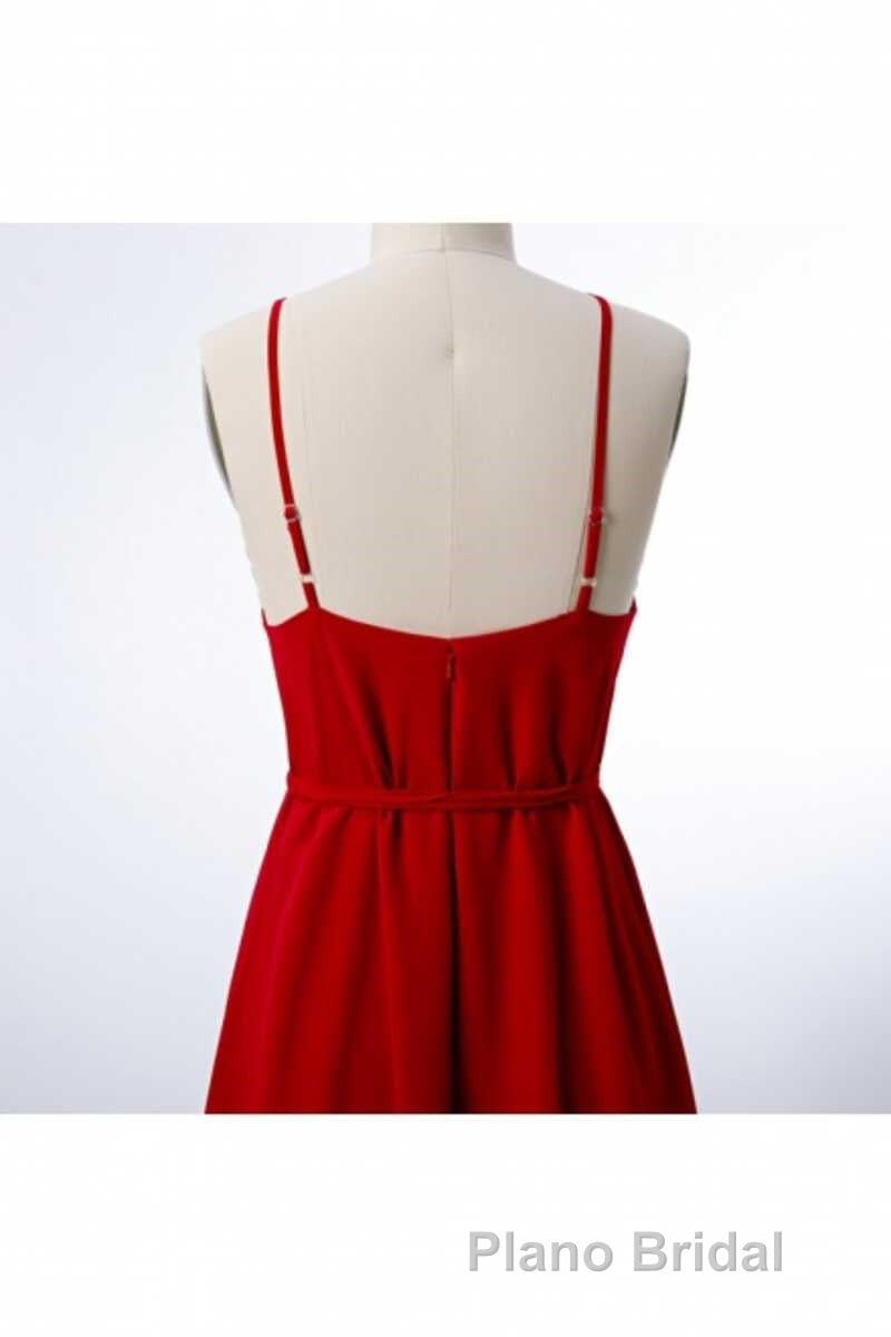 Red Chiffon Spaghetti Straps Backless A-Line Bridesmaid Dresses with Slit