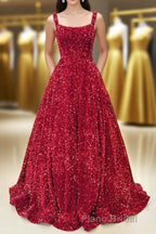 Red Sequin Square Neck Backless A-Line Long Formal Prom Gown