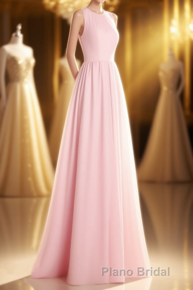 Pink Chiffon Halter Cutout Back A-Line Long Bridesmaid Dresses