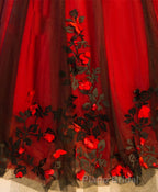 Burgundy Round Neck Tulle Lace Applique Long Formal Prom Dresses, Burgundy Evening Dresses