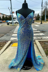 Purple Iridescent Sequin Empire Waist Lace-Up Mermaid Long Dresses with Slit