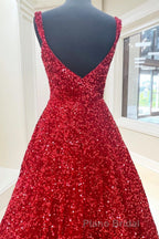 Red Sequin Square Neck Backless A-Line Long Formal Prom Gown