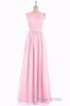 Pink Chiffon Halter Cutout Back A-Line Long Bridesmaid Dresses
