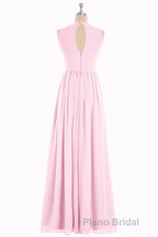 Pink Chiffon Halter Cutout Back A-Line Long Bridesmaid Dresses