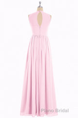 Pink Chiffon Halter Cutout Back A-Line Long Bridesmaid Dresses