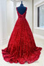 Red Sequin Square Neck Backless A-Line Long Formal Prom Gown