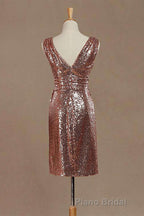 Rose Gold Sequin V-Neck Backless Short Bridesmaid Dresses