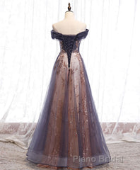 Unique Tulle Off Shoulder Lace Long Formal Prom Dresses, Lace Prom Dresses