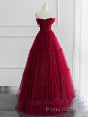 A-line Sweetheart Neck Tulle Burgundy Long Formal Prom Dresses, Off Shoulder Burgundy Prom Dresses