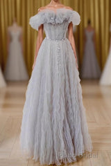 Gray Tulle A Line Off the Shoulder Formal Evening Dresses Long Formal Prom Dresses