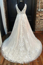 Ivory Appliques V-Neck Backless A-Line Long Wedding Dress