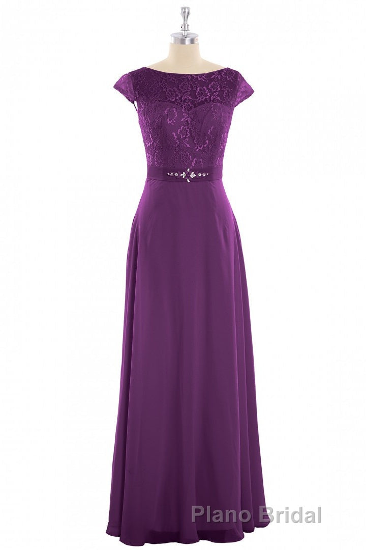 Elegant Purple Lace Cap Sleeve A-Line Long Bridesmaid Dresses