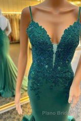 Hunter Green Floral Plunging V Mermaid Long Formal Prom Dresses