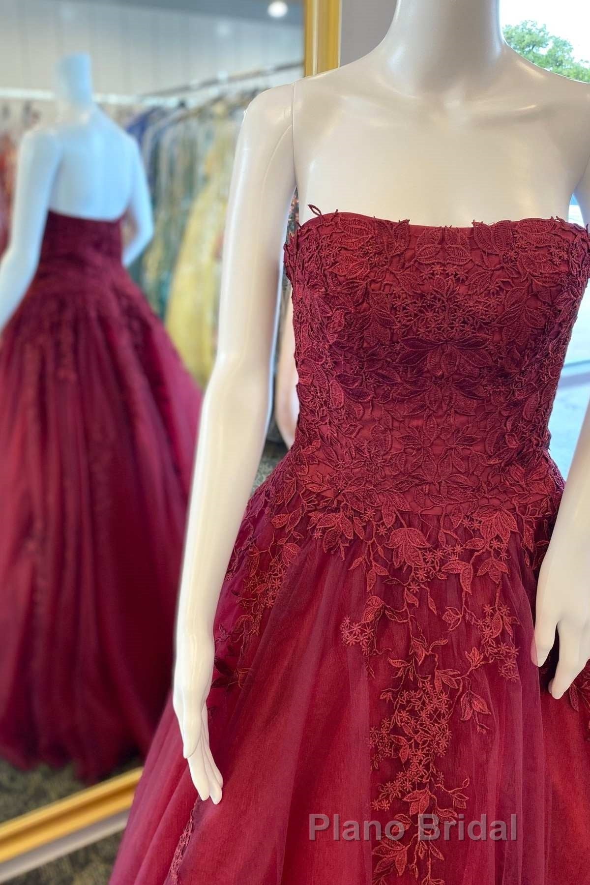 Wine Red Floral Lace Strapless A-Line Formal Prom Dresses Secondary image
