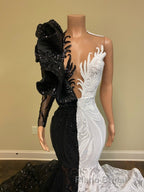 Hot Half Black Half White One shoulder Long Sleeves Mermaid Formal Prom Dresses