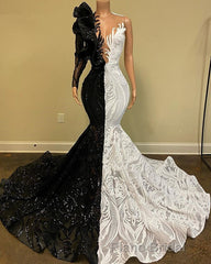 Hot Half Black Half White One shoulder Long Sleeves Mermaid Formal Prom Dresses
