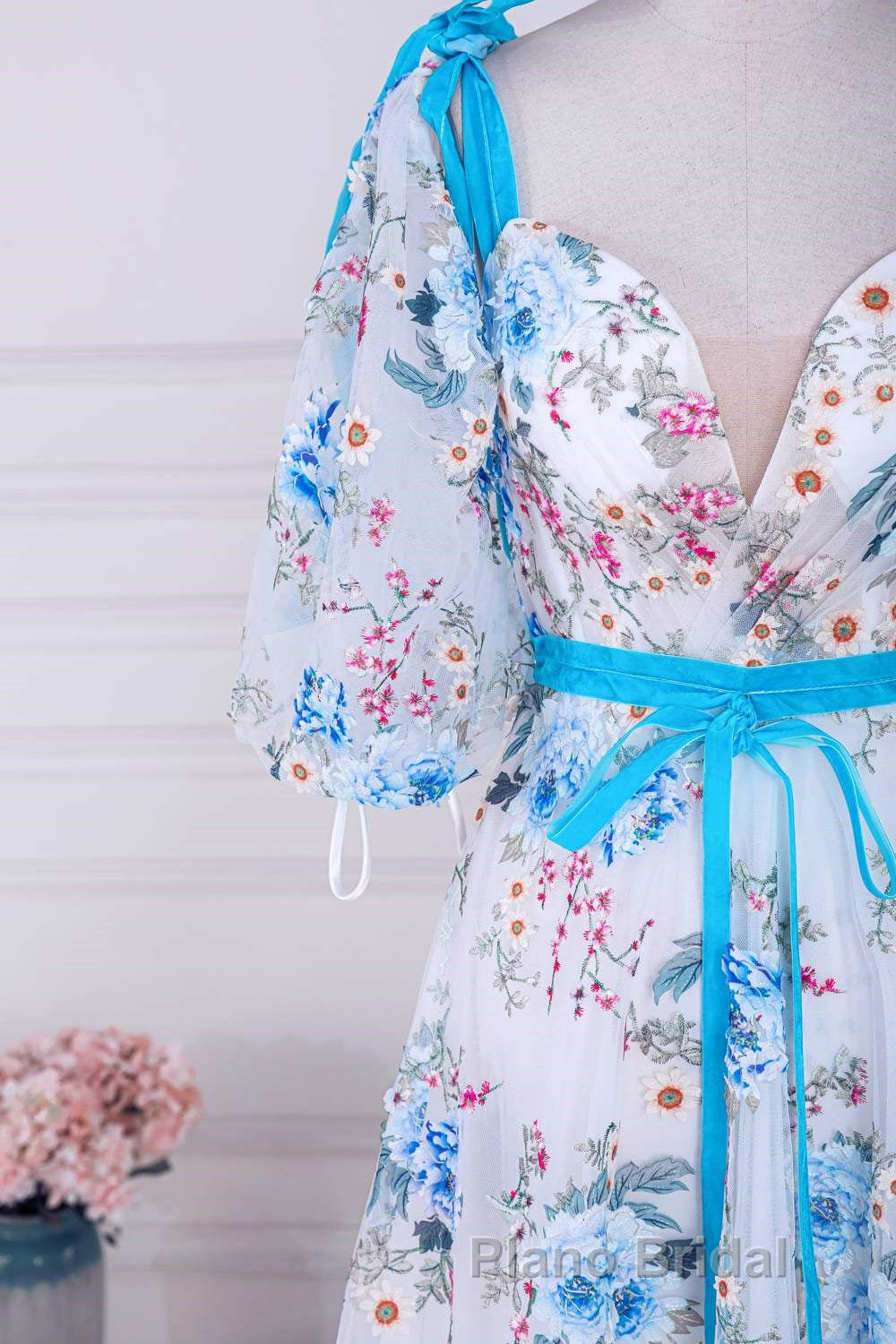 Blue and White Floral Bow Tie Straps A-line Long Formal Prom Dresses with Slit