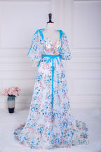 Blue and White Floral Bow Tie Straps A-line Long Formal Prom Dresses with Slit