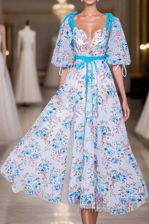 Blue and White Floral Bow Tie Straps A-line Long Formal Prom Dresses with Slit