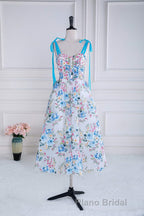 Blue and White Floral Bow Tie Straps A-line Tea-Length Formal Prom Dresses