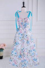 Blue and White Floral Bow Tie Straps A-line Tea-Length Formal Prom Dresses