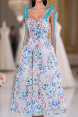 Blue and White Floral Bow Tie Straps A-line Tea-Length Formal Prom Dresses