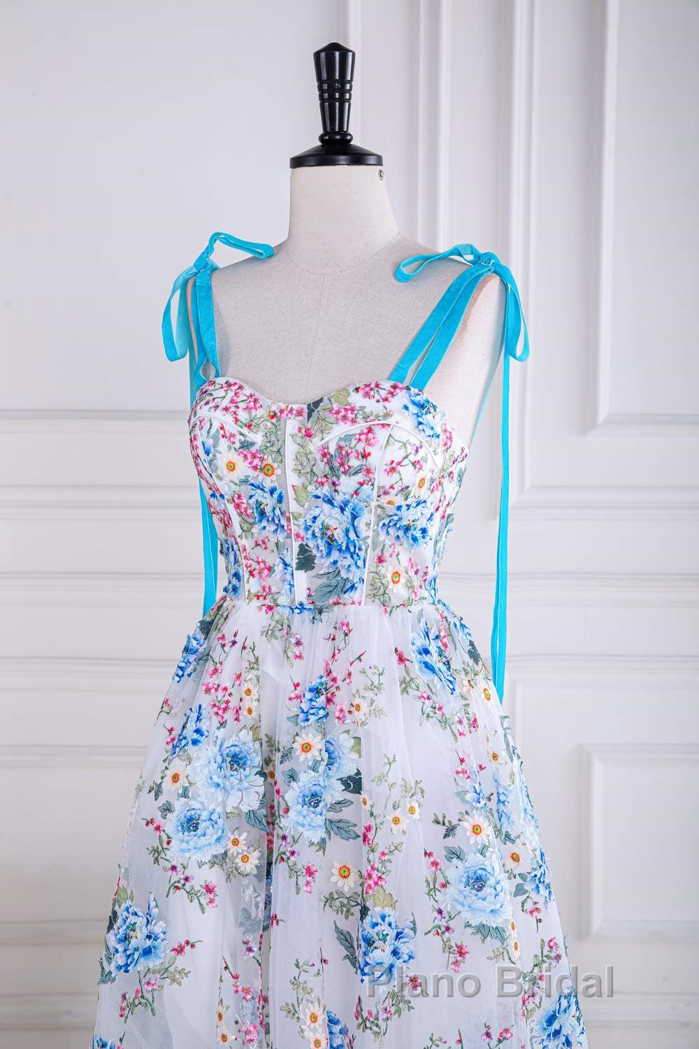 Blue and White Floral Bow Tie Straps A-line Tea-Length Formal Prom Dresses