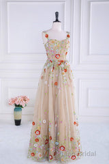 Dusty Pink Sequined Floral Appliques A-line Long Formal Prom Dresses