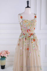 Dusty Pink Sequined Floral Appliques A-line Long Formal Prom Dresses