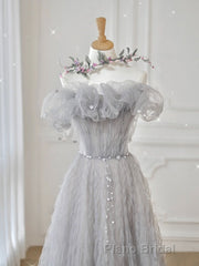 Gray Tulle A Line Off the Shoulder Formal Evening Dresses Long Formal Prom Dresses