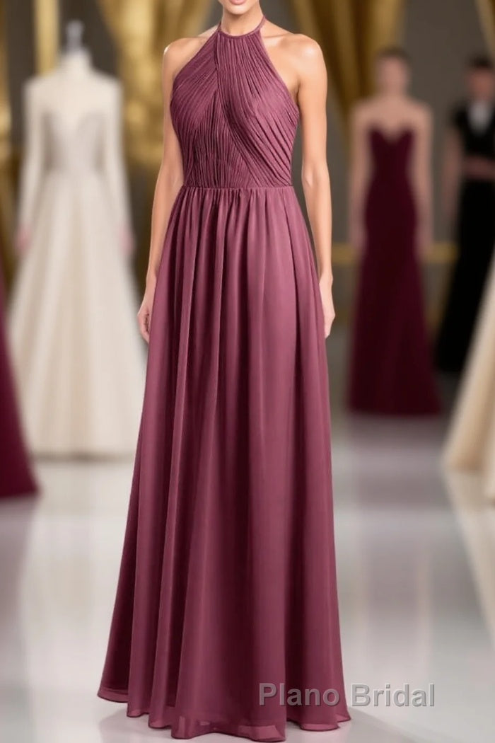 Mauve Chiffon Halter Backless A-Line Long Bridesmaid Dresses Main image