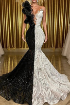 Hot Half Black Half White One shoulder Long Sleeves Mermaid Formal Prom Dresses