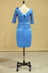 Blue Lace Crew Neck Half Sleeve Short Mother of the Bride Dresses
