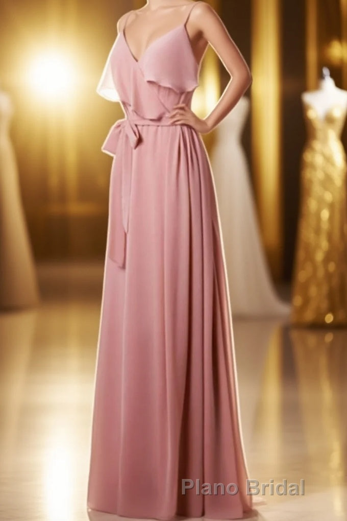 Mauve Pink Chiffon Spaghetti Straps Ruffled A-Line Bridesmaid Dresses Main image