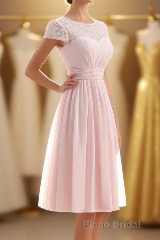 Princess Pink Chiffon and Lace Short Sleeves Bridesmaid Dresses Main image