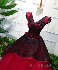 Unique Burgundy V Neck Tulle Long Formal Prom Dresses, Burgundy Evening Dresses