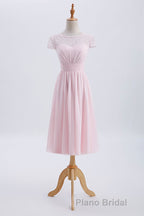 Princess Pink Chiffon and Lace Short Sleeves Bridesmaid Dresses