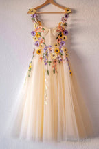 3D Flowers Champagne Tulle Short Prom Dress, Homecoming Dresses Sweet 16 Dress
