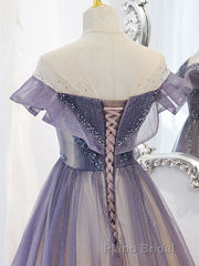 Purple Off Shoulder Tulle Sequin Long Formal Prom Dresses, Purple Evening Dresses
