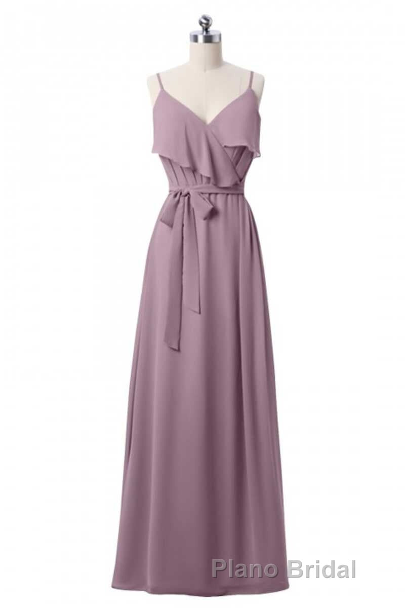 Mauve Pink Chiffon Spaghetti Straps Ruffled A-Line Bridesmaid Dresses