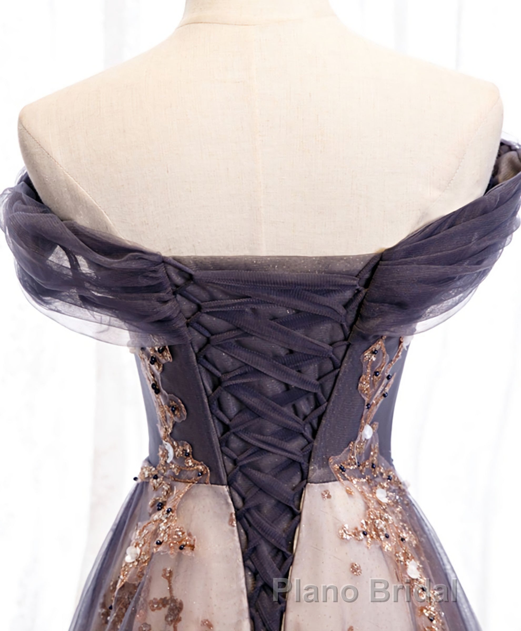 Unique Tulle Off Shoulder Lace Long Formal Prom Dresses, Lace Prom Dresses