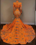 Hot Orange High neck Long Sleeves Mermaid Sequin Formal Prom Dresses