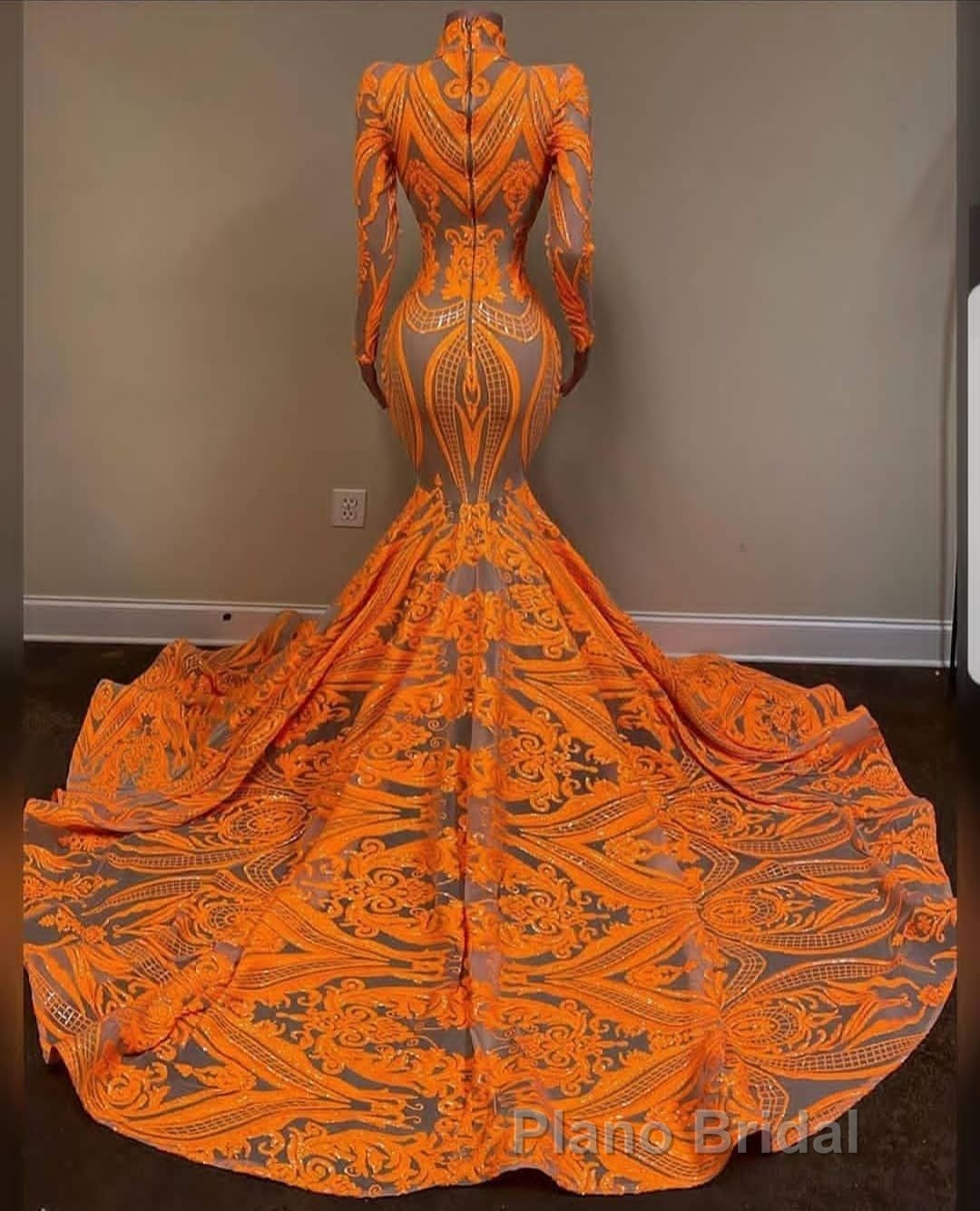 Hot Orange High neck Long Sleeves Mermaid Sequin Formal Prom Dresses