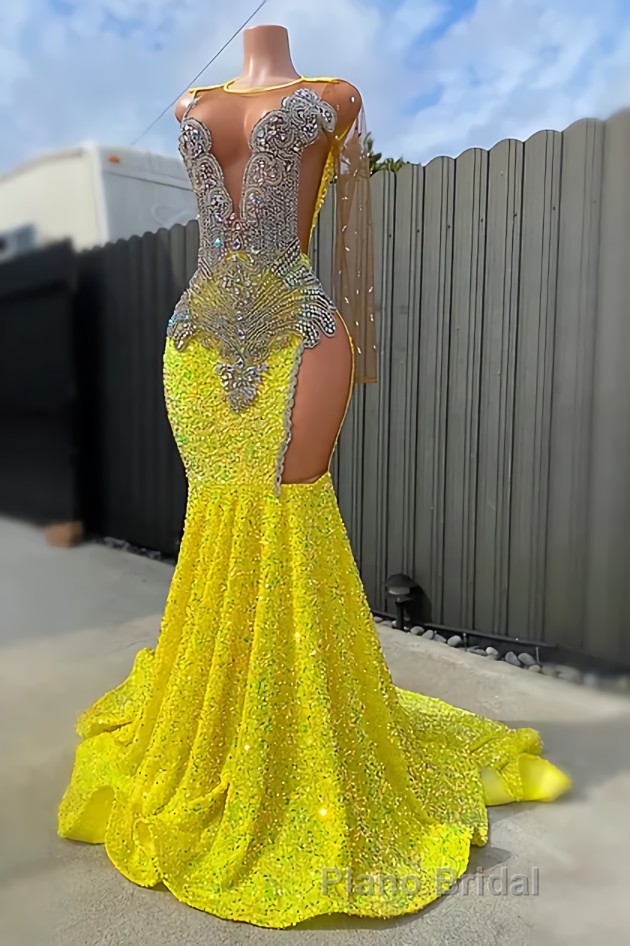 Round neck Silver Beaded Mermaid Yellow Sequin Formal Prom Dresses Secondary image