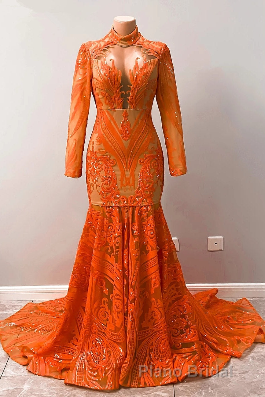Hot Orange High neck Long Sleeves Mermaid Sequin Formal Prom Dresses