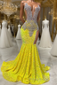 Round neck Silver Beaded Mermaid Yellow Sequin Formal Prom Dresses