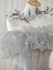 Gray Tulle A Line Off the Shoulder Formal Evening Dresses Long Formal Prom Dresses