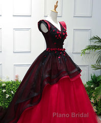 Unique Burgundy V Neck Tulle Long Formal Prom Dresses, Burgundy Evening Dresses