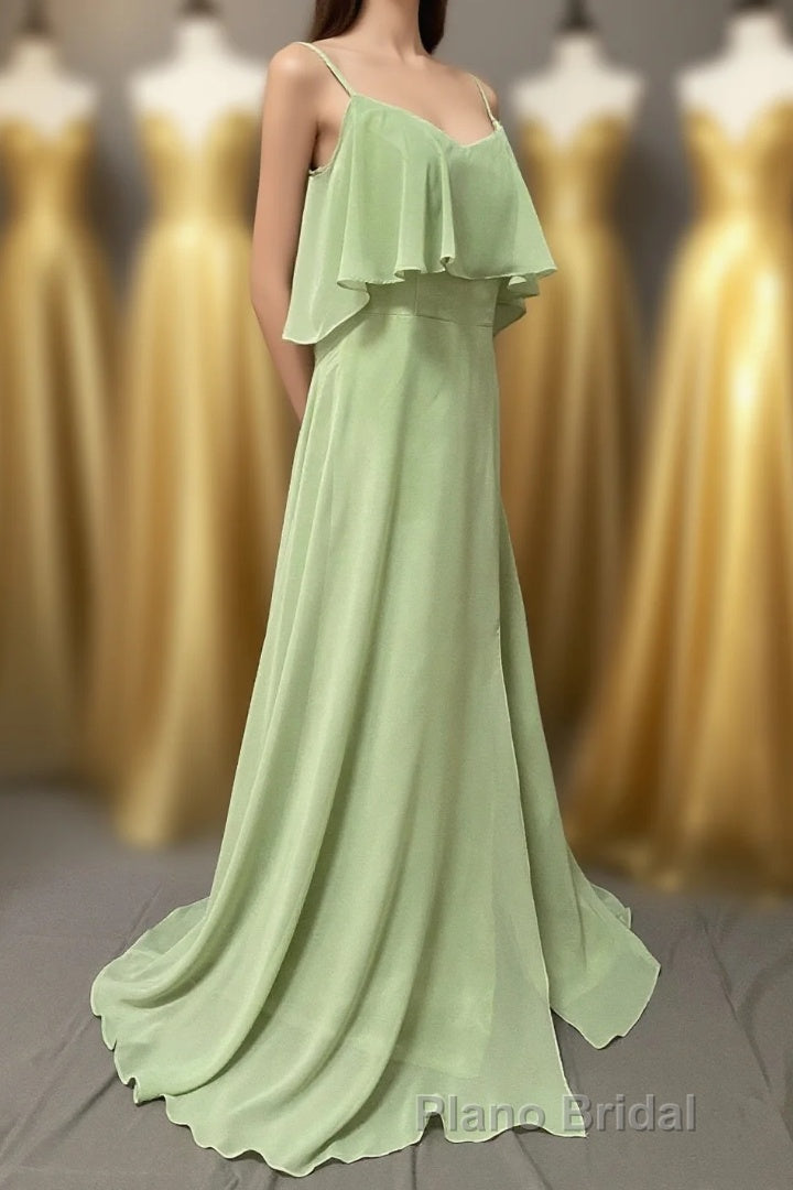 Ruffles Sage Green Straps A-Line Long Bridesmaid Dresses with Slit